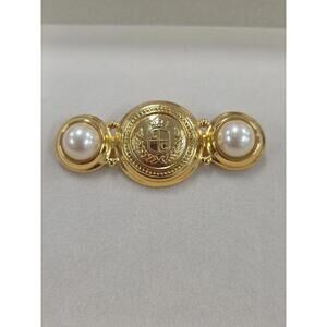Vintage LIZ CLAIBORNE Signed LC Logo Medallion Faux Pearl Gold Tone Brooch Pin